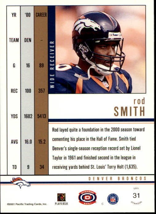 2001 Pacific Dynagon #31 Rod Smith back image
