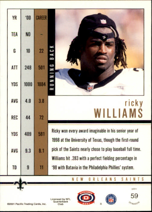 2001 Pacific Dynagon #59 Ricky Williams back image