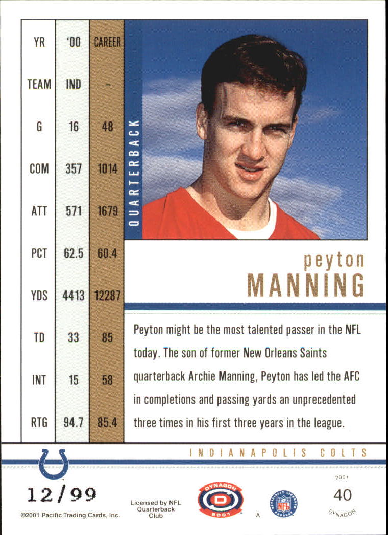 2001 Pacific Dynagon Red #40 Peyton Manning back image