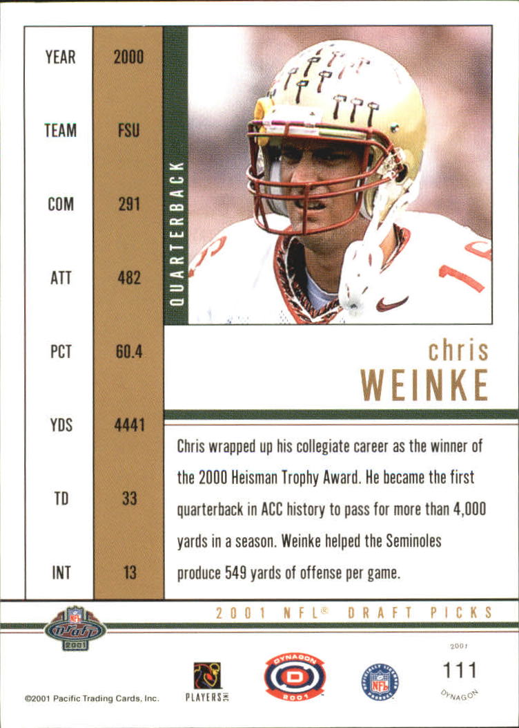 2001 Pacific Dynagon Retail #111 Chris Weinke RC back image
