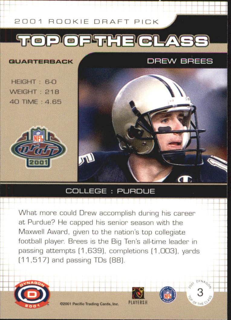 2001 Pacific Dynagon Top of the Class #3 Drew Brees back image