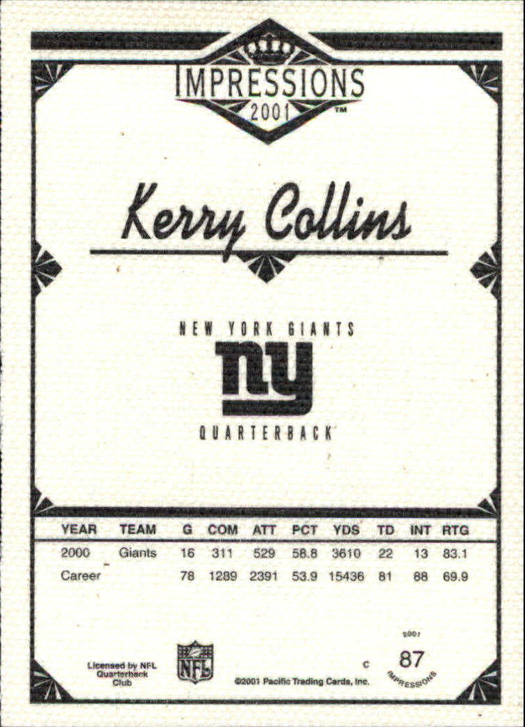 2001 Pacific Impressions #87 Kerry Collins back image