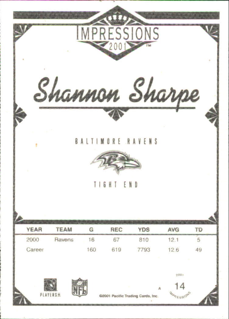 2001 Pacific Impressions Premiere Date #14 Shannon Sharpe back image