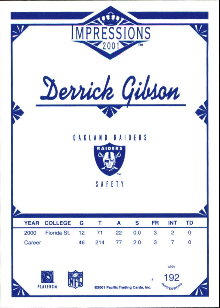2001 Pacific Impressions Retail #192 Derrick Gibson RC back image