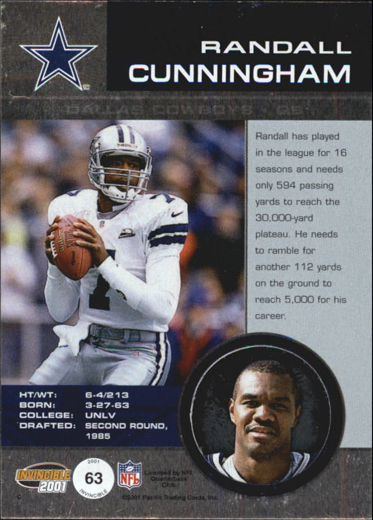 2001 Pacific Invincible #63 Randall Cunningham back image