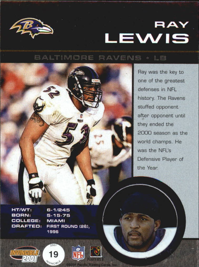2001 Pacific Invincible Blue #19 Ray Lewis back image