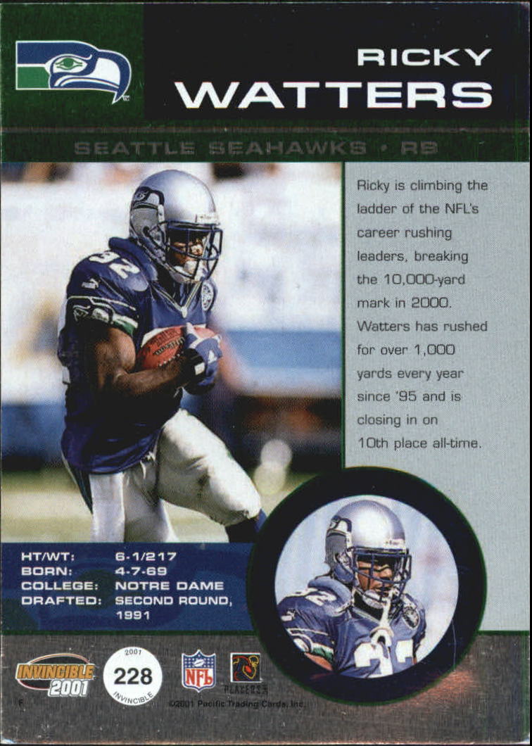 2001 Pacific Invincible Blue #228 Ricky Watters JSY back image