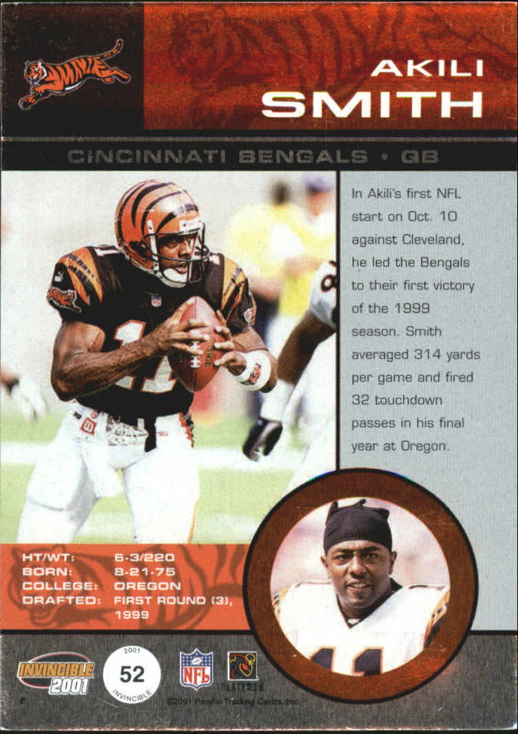 2001 Pacific Invincible Red #52 Akili Smith JSY back image