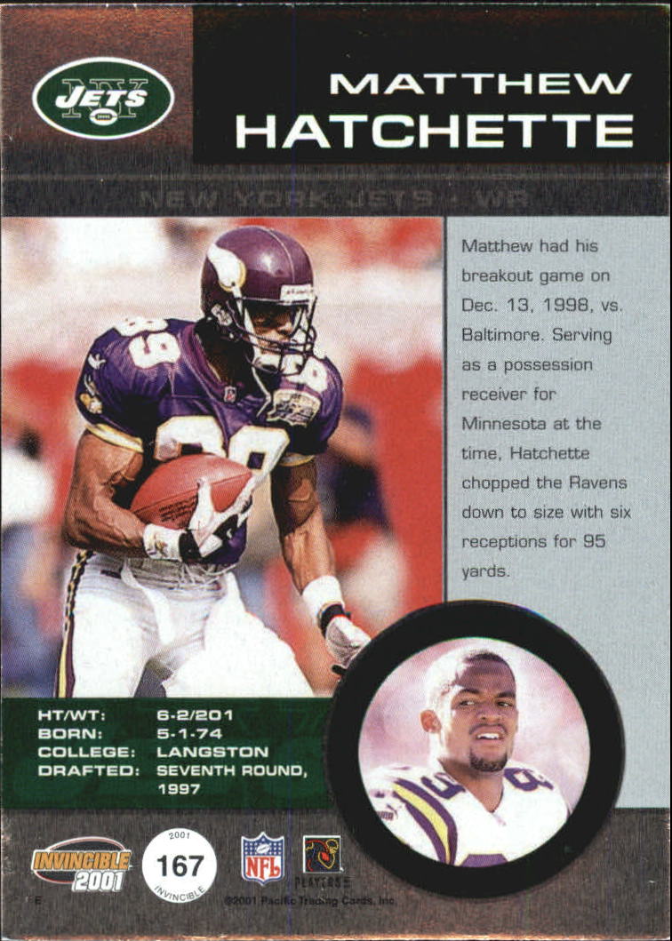2001 Pacific Invincible Red #167 Matthew Hatchette JSY back image