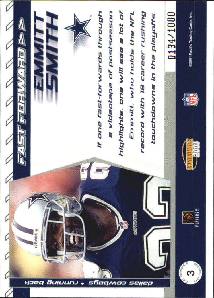 2001 Pacific Invincible Fast Forward #3 Emmitt Smith back image