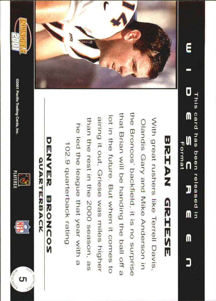 2001 Pacific Invincible Widescreen #5 Brian Griese back image