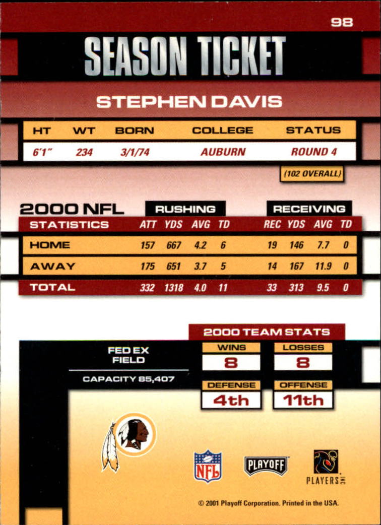 2001 Playoff Contenders #98 Stephen Davis back image