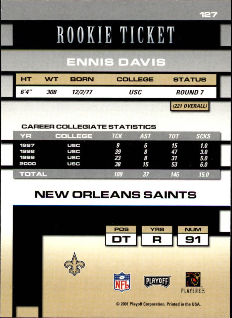 2001 Playoff Contenders #127 Ennis Davis AU RC back image