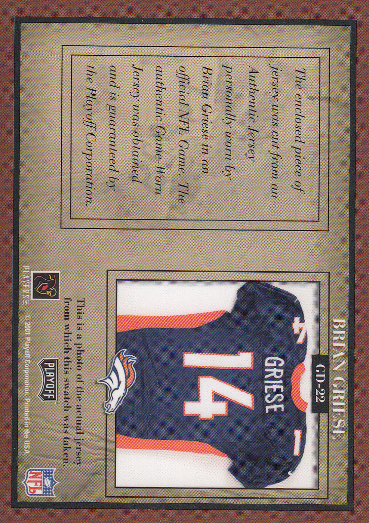 2001 Playoff Honors Game Day Jerseys #GD22 Brian Griese back image
