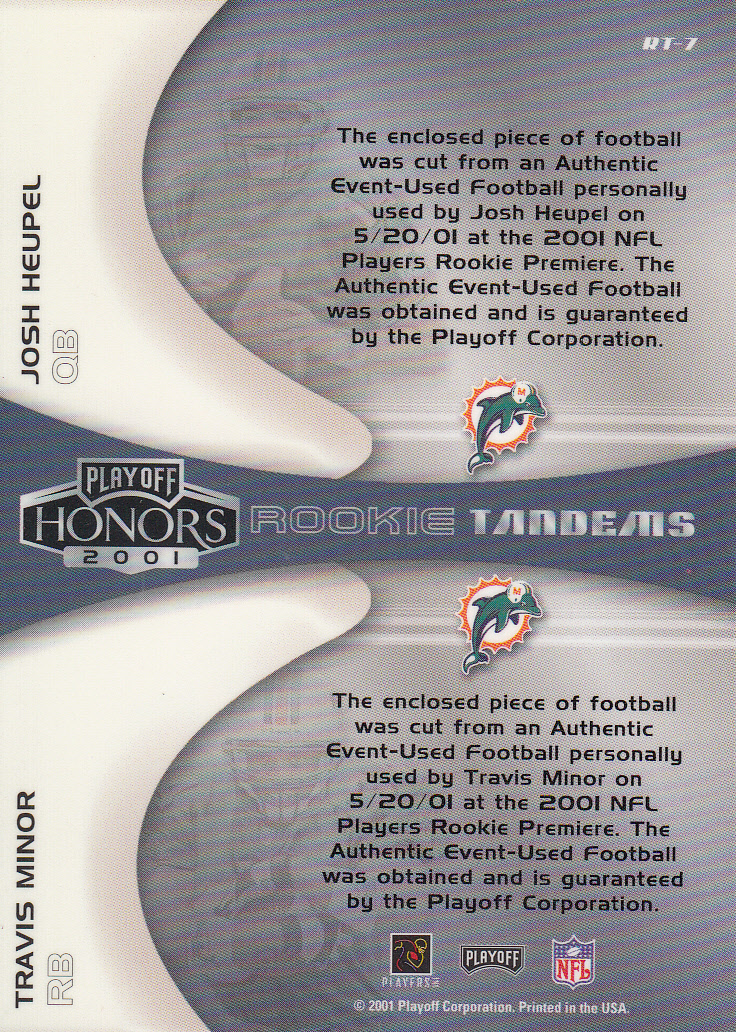 2001 Playoff Honors Rookie Tandem Footballs #RT7 Josh Heupel/Travis Minor back image