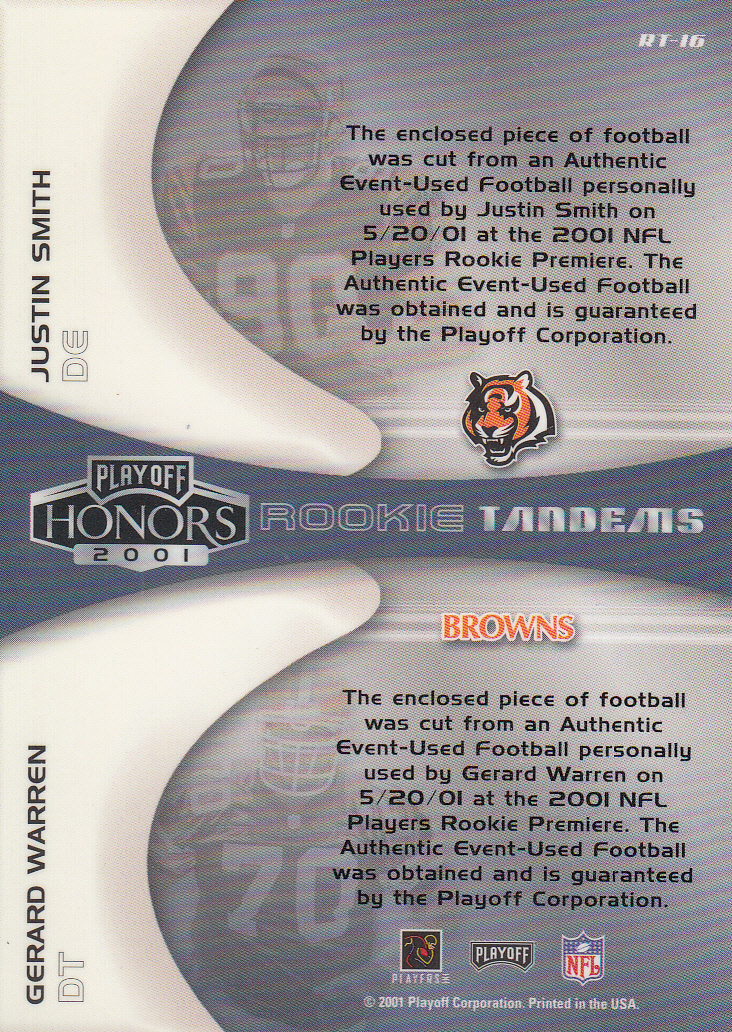 2001 Playoff Honors Rookie Tandem Footballs #RT16 Justin Smith/Gerard Warren back image