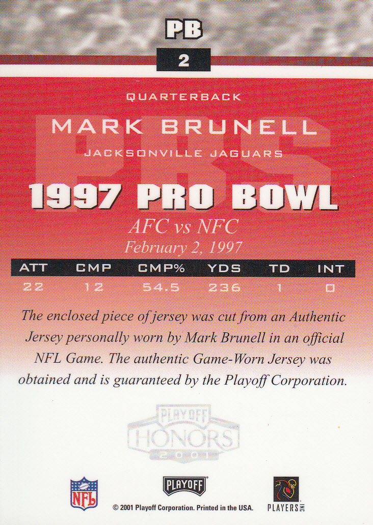 2001 Playoff Honors Souvenirs #PB2 Mark Brunell back image