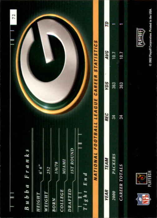 2001 Playoff Preferred #72 Bubba Franks back image