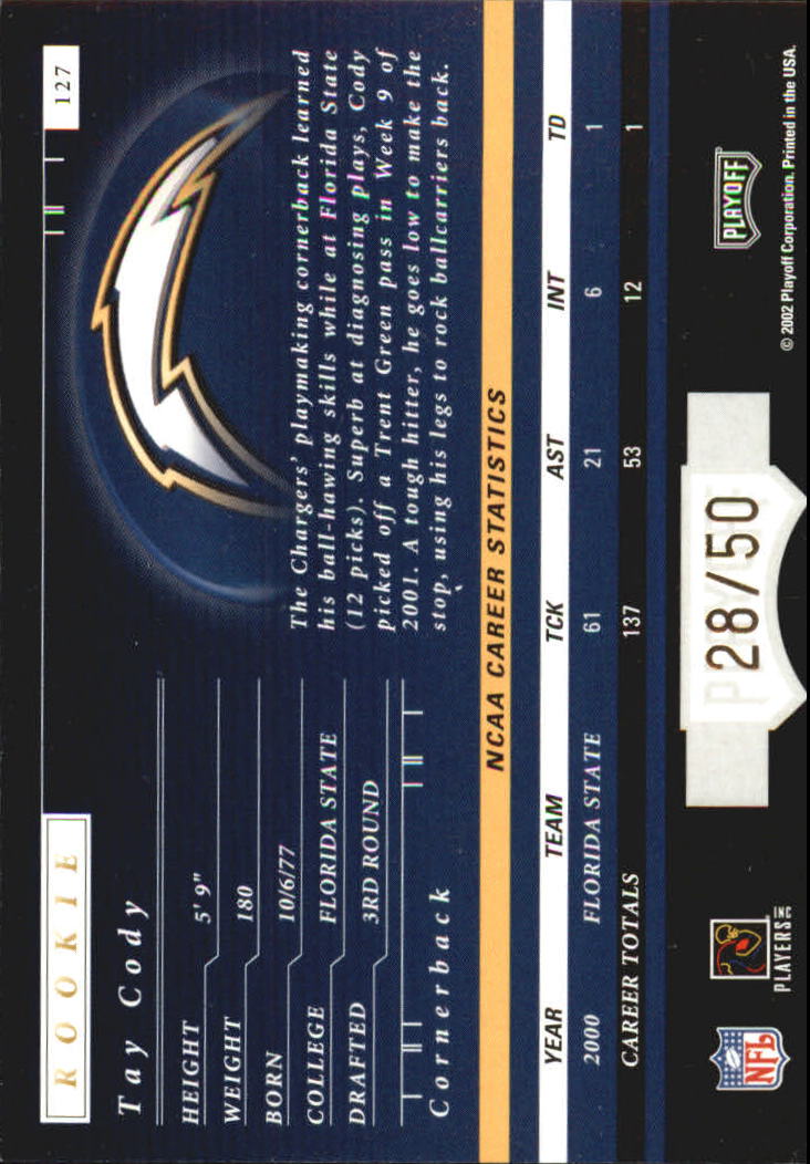 2001 Playoff Preferred National Treasures Gold #127 Tay Cody back image