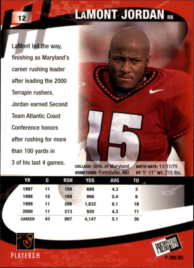 2001 Press Pass #12 LaMont Jordan back image