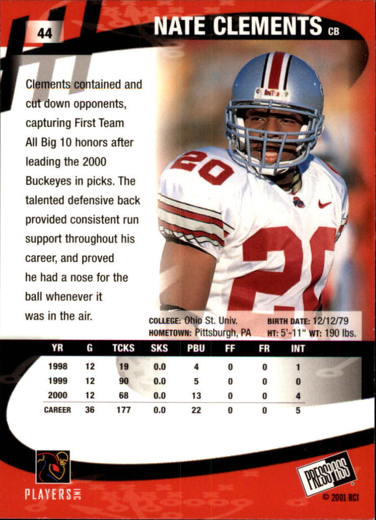 2001 Press Pass #44 Nate Clements back image