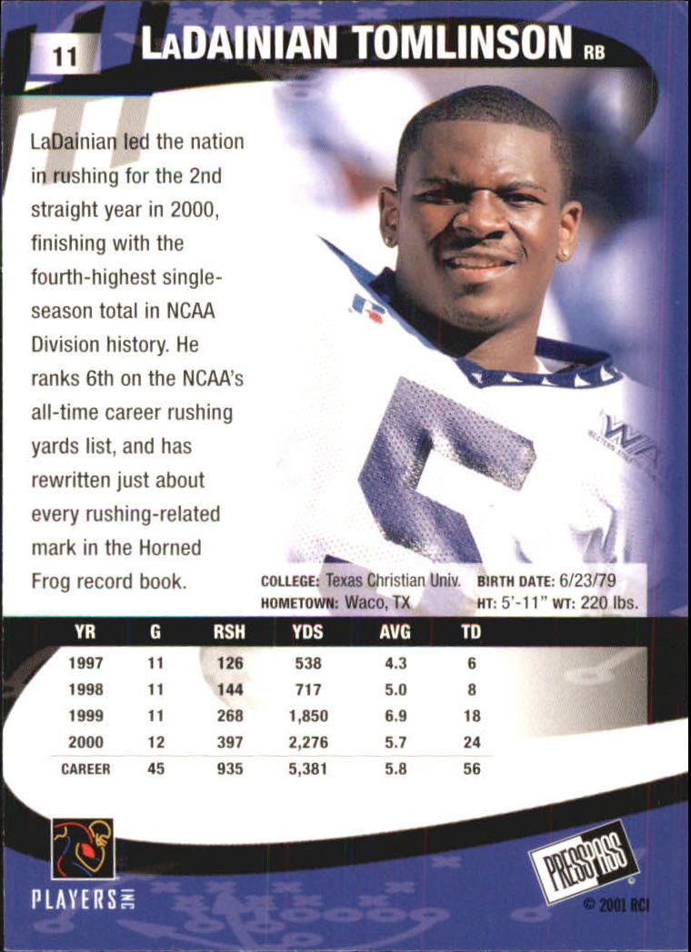 2001 Press Pass Torquers #11 LaDainian Tomlinson back image