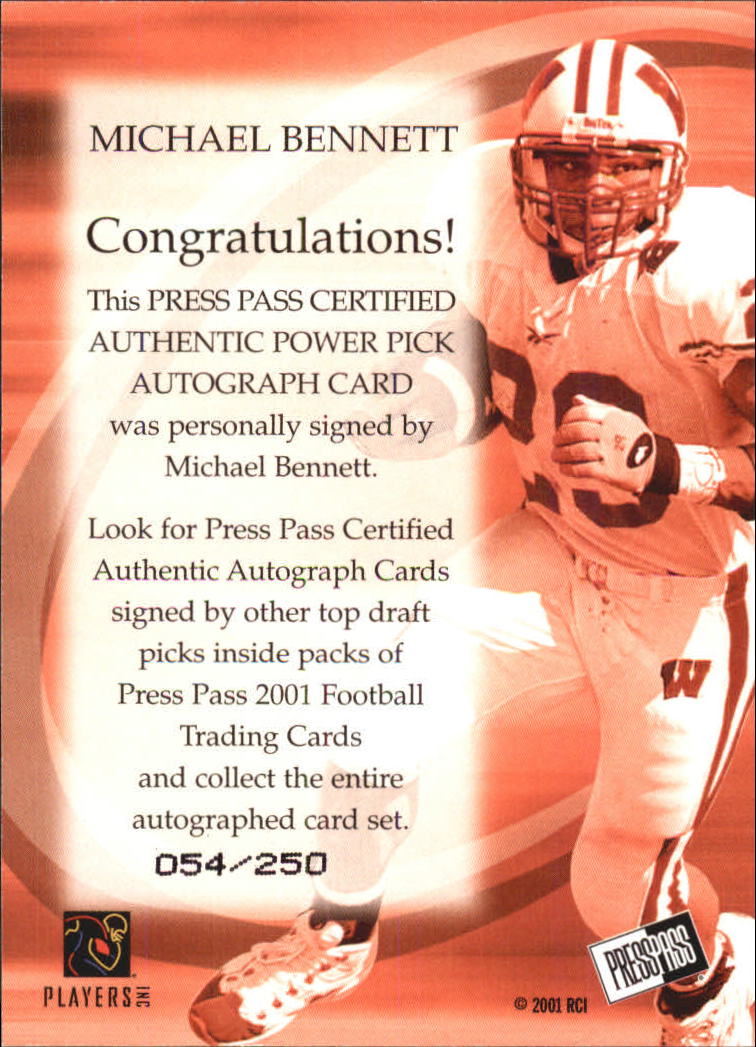 2001 Press Pass Power Pick Autographs #1 Michael Bennett back image