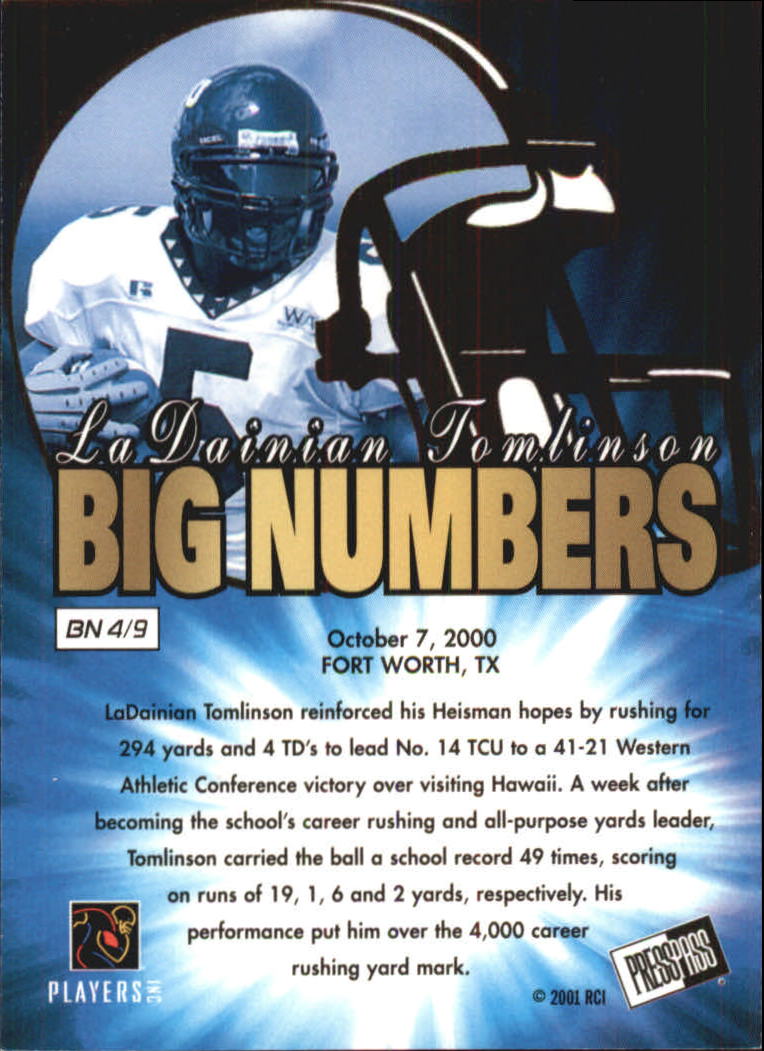 2001 Press Pass Big Numbers #BN4 LaDainian Tomlinson back image