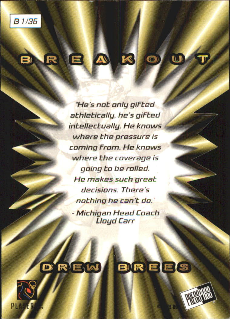 2001 Press Pass Breakout #B1 Drew Brees back image