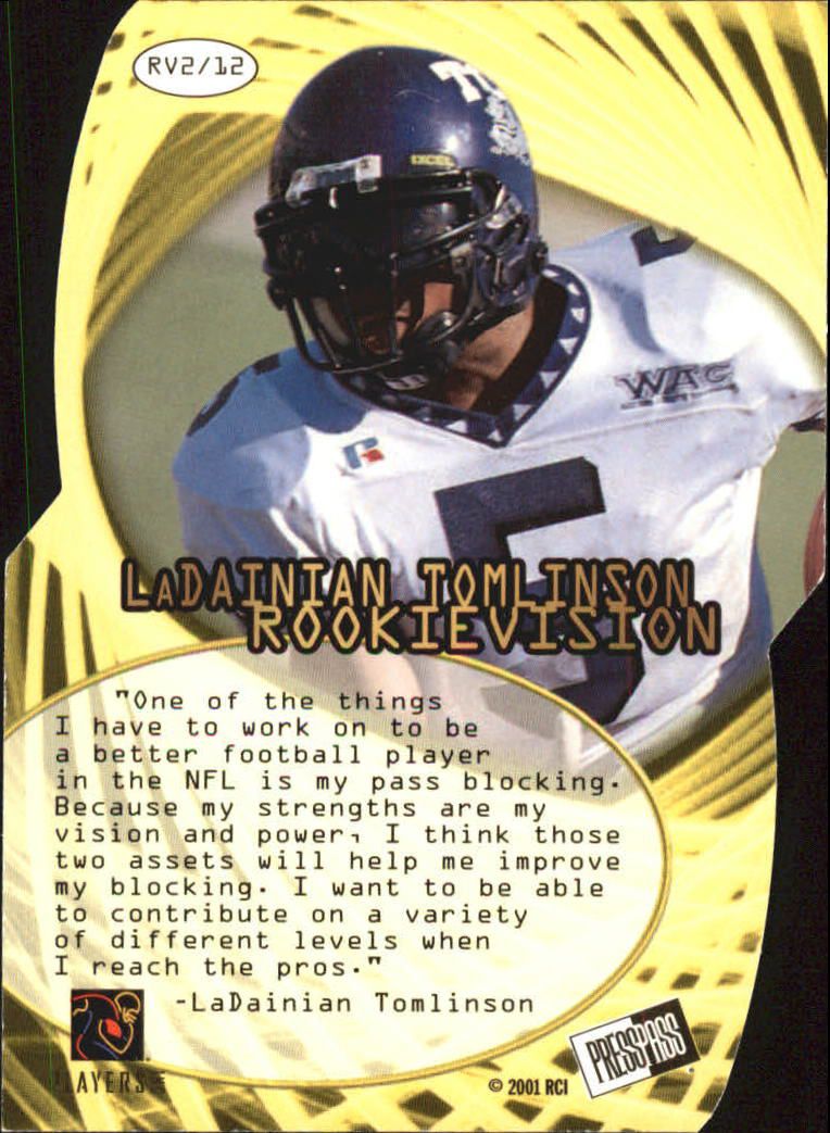 2001 Press Pass SE Rookievision #RV2 LaDainian Tomlinson back image