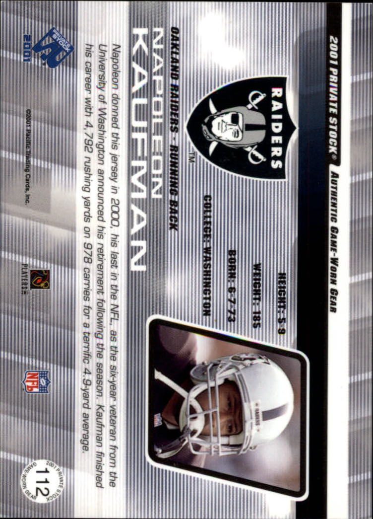 2001 Private Stock Game Worn Gear #112 Napoleon Kaufman back image