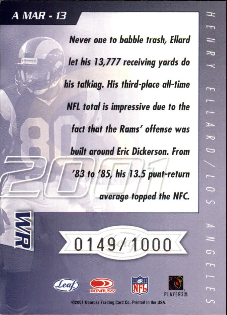 2001 Quantum Leaf All-Millennium Marks #AMAR13 Henry Ellard  #'d of 1000.