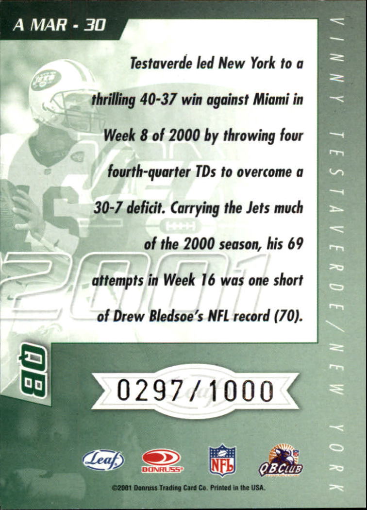 2001 Quantum Leaf All-Millennium Marks #AMAR30 Vinny Testaverde  #'d of 1000.