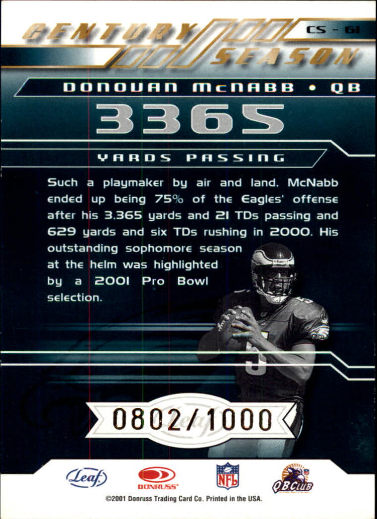 2001 Quantum Leaf Century Season #CS61 Donovan McNabb back image
