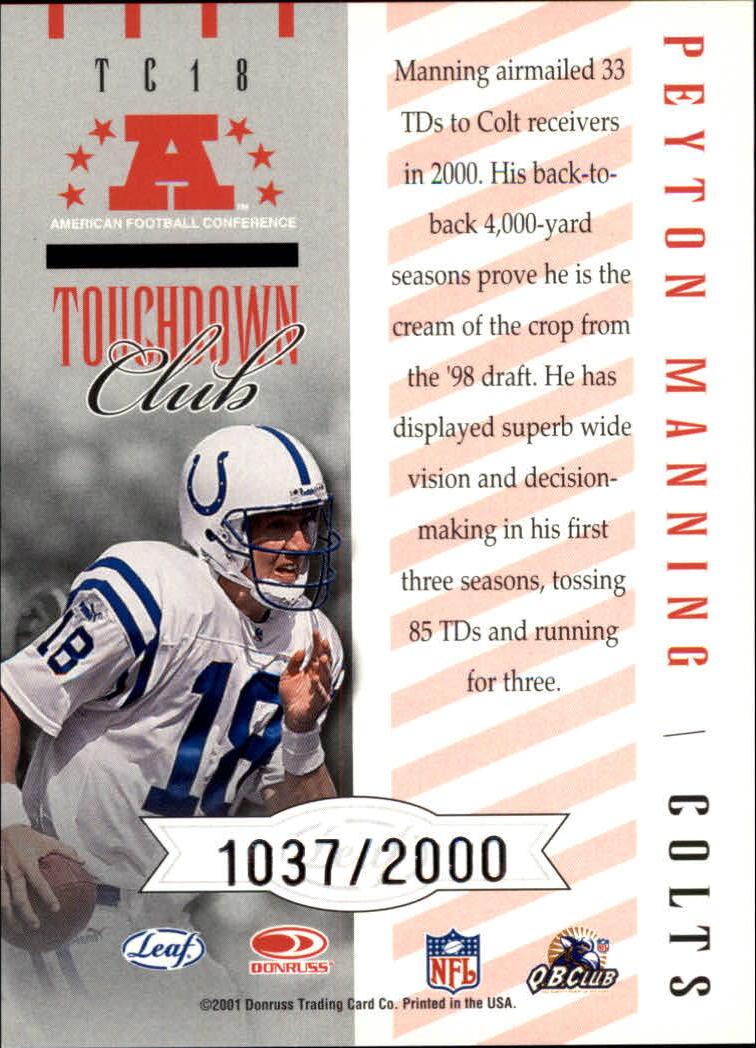 2001 Quantum Leaf Touchdown Club #TC18 Peyton Manning back image