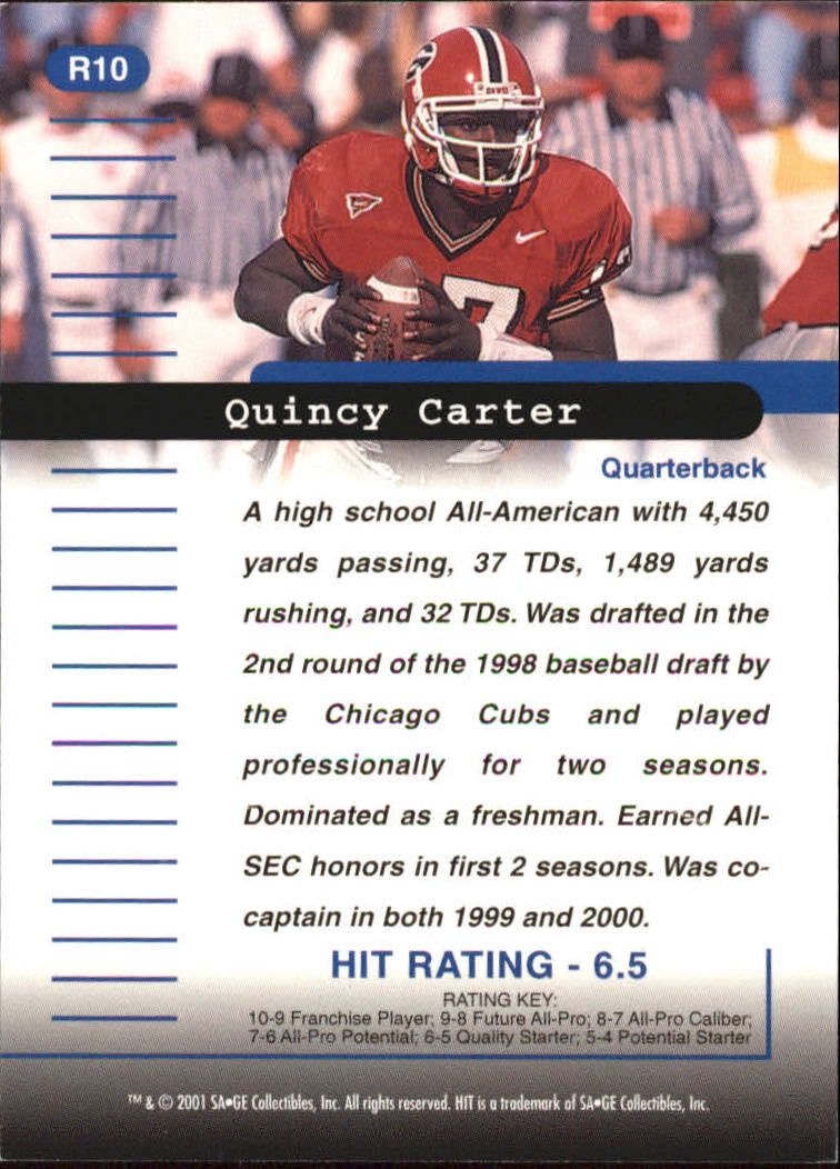 2001 SAGE HIT Rarefied #R10 Quincy Carter back image