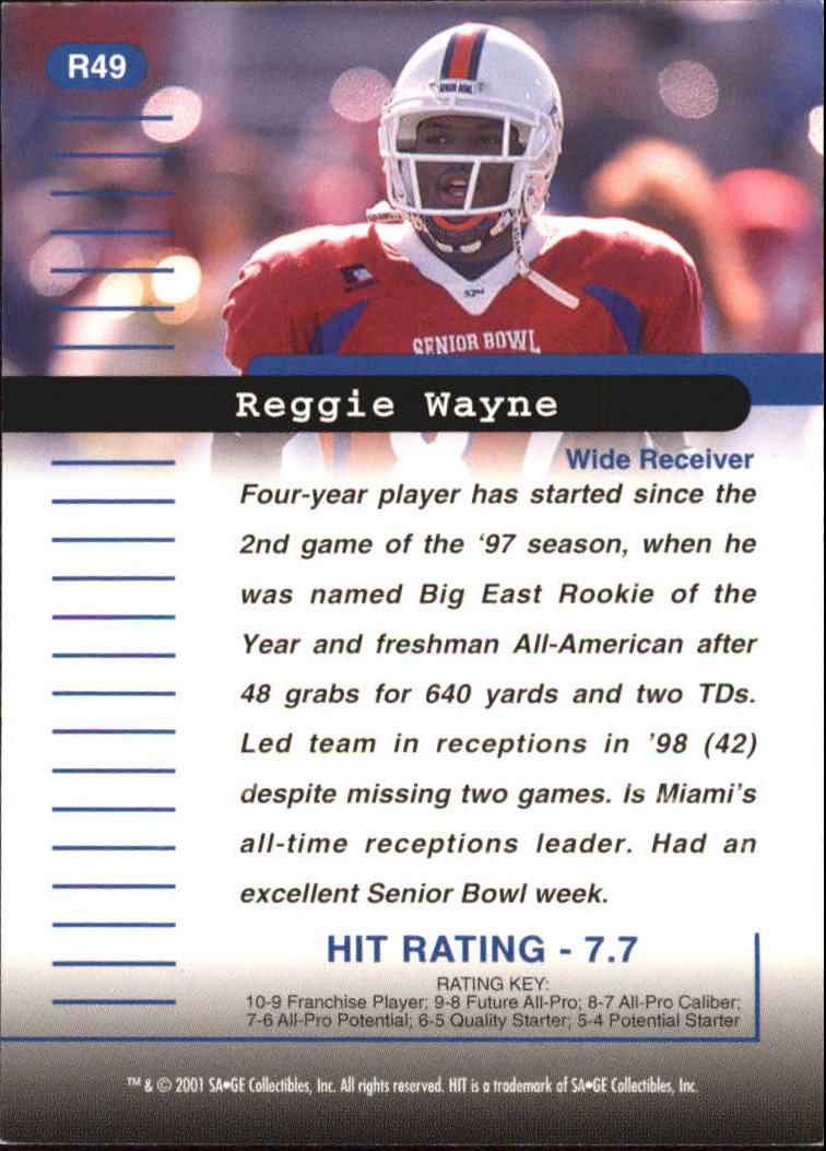 2001 SAGE HIT Rarefied #R49 Reggie Wayne back image