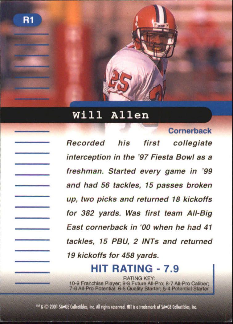 2001 SAGE HIT Rarefied Silver #R1 Will Allen back image