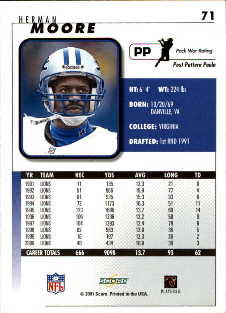 2001 Score #71 Herman Moore back image