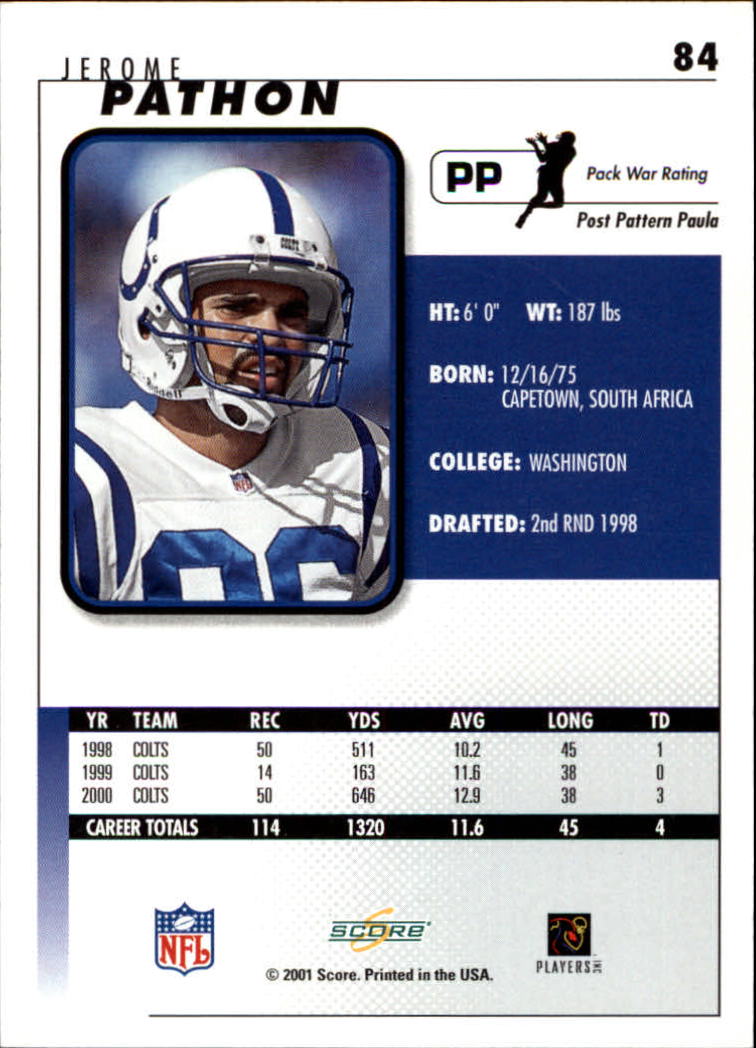 2001 Score #84 Jerome Pathon back image