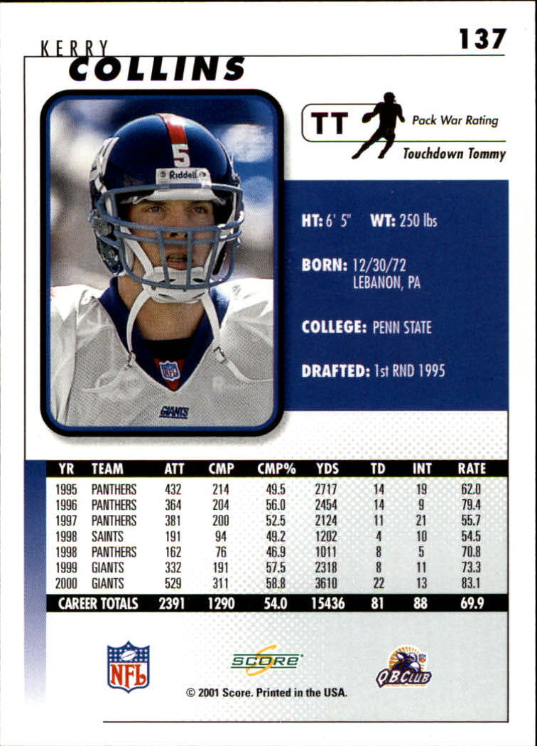 2001 Score #137 Kerry Collins back image