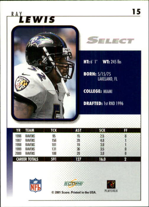 2001 Select #15 Ray Lewis back image