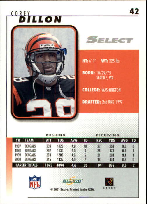2001 Select #42 Corey Dillon back image