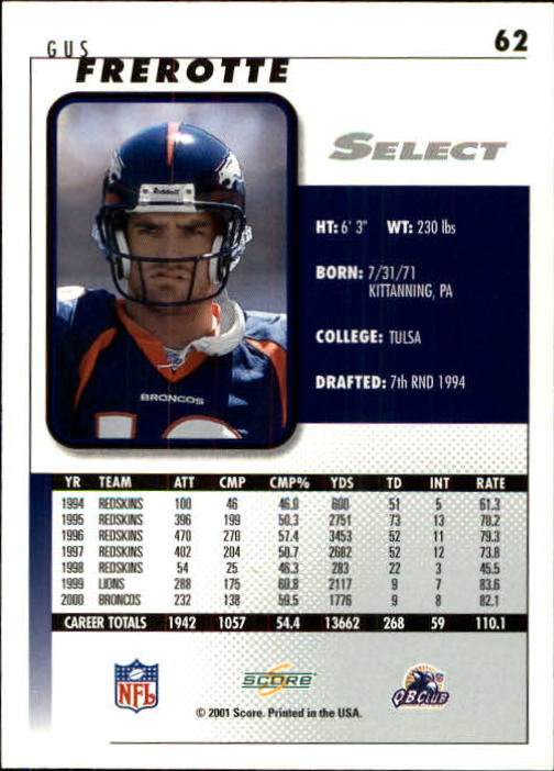 2001 Select #62 Gus Frerotte back image
