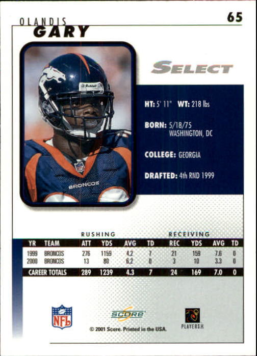 2001 Select #65 Olandis Gary back image