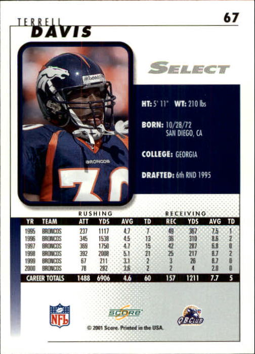 2001 Select #67 Terrell Davis back image