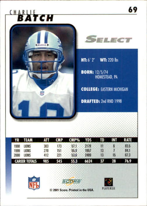 2001 Select #69 Charlie Batch back image