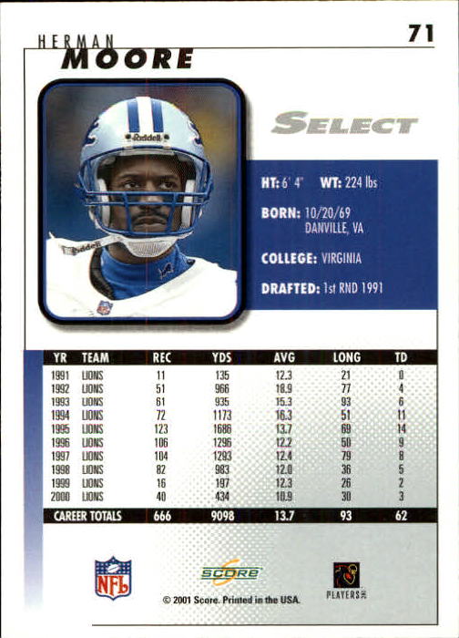 2001 Select #71 Herman Moore back image