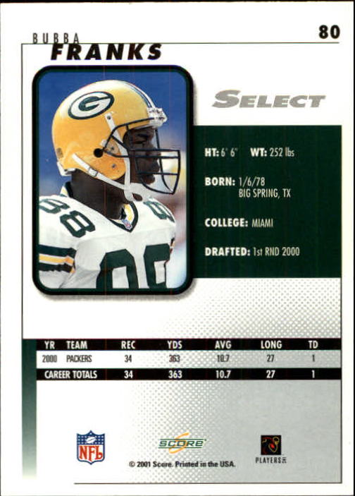 2001 Select #80 Bubba Franks back image