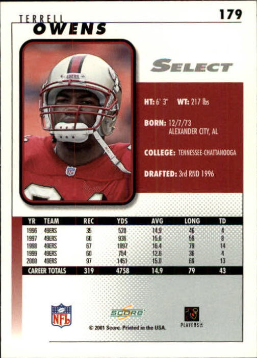 2001 Select #179 Terrell Owens back image